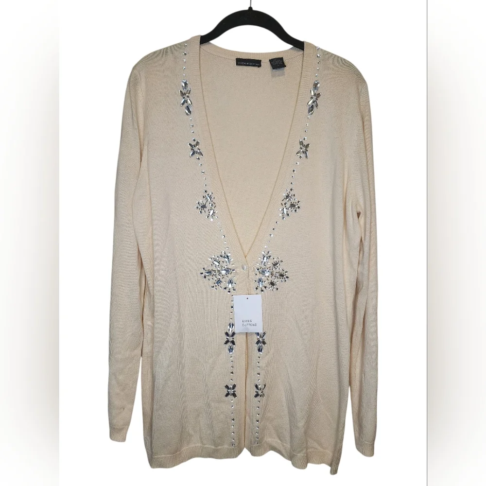 MODA INTERNATIONAL Cream Silk Cashmere Gem Embellished Cardigan L